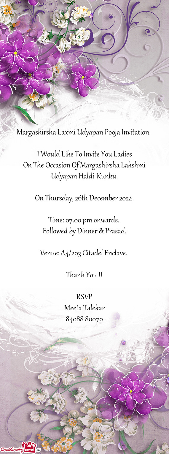 I Would Like To Invite You Ladies On The Occasion Of Margashirsha Lakshmi Udyapan Haldi-Kunku