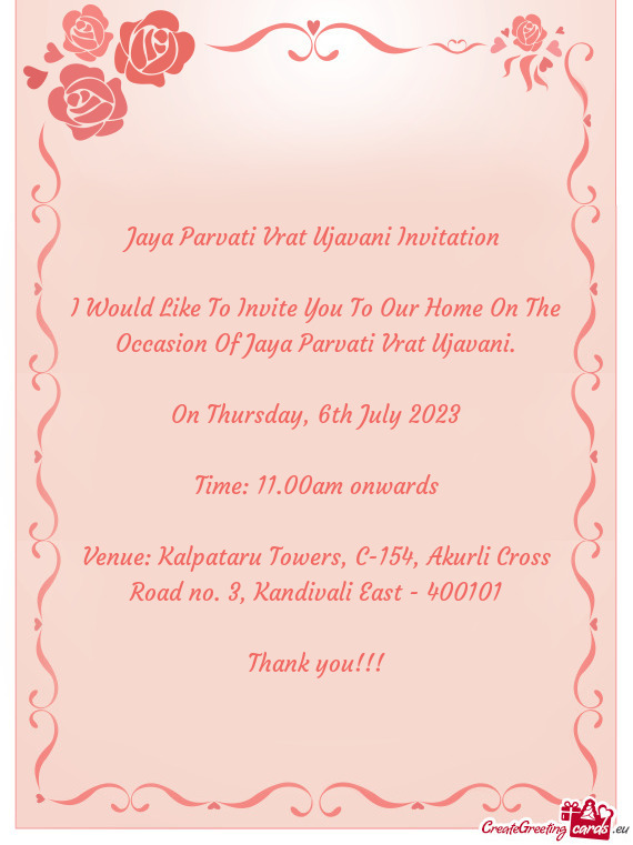 I Would Like To Invite You To Our Home On The Occasion Of Jaya Parvati Vrat Ujavani