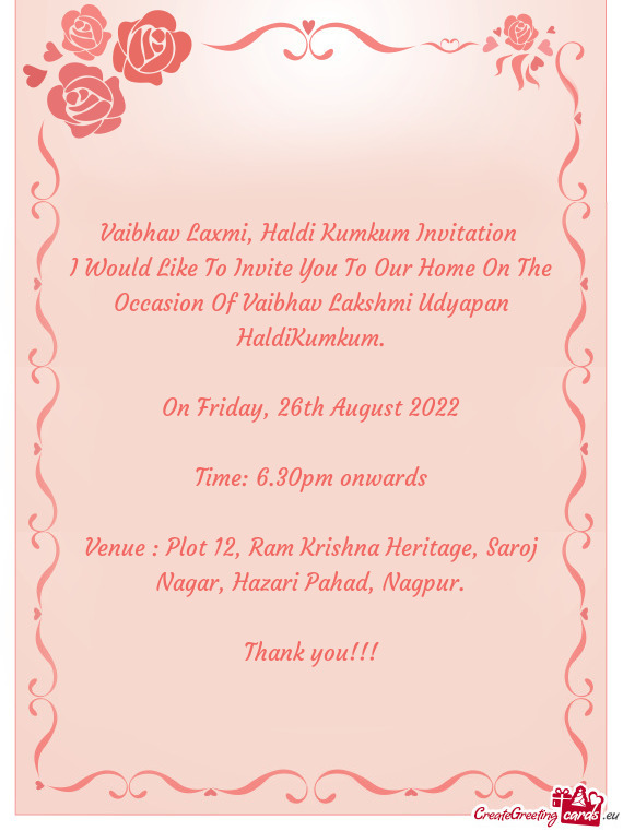 I Would Like To Invite You To Our Home On The Occasion Of Vaibhav Lakshmi Udyapan HaldiKumkum