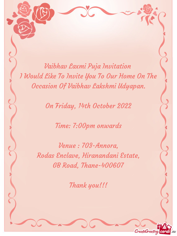 I Would Like To Invite You To Our Home On The Occasion Of Vaibhav Lakshmi Udyapan