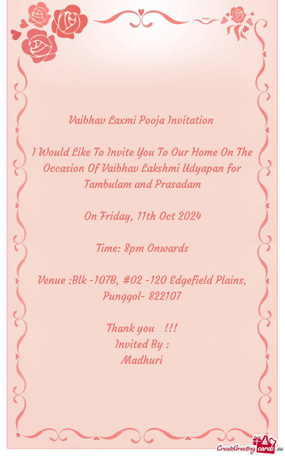 I Would Like To Invite You To Our Home On The Occasion Of Vaibhav Lakshmi Udyapan for Tambulam and P