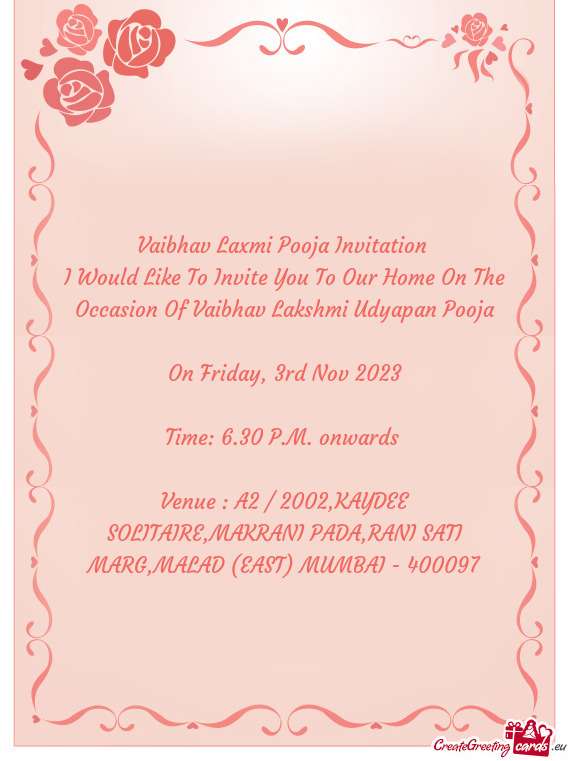 I Would Like To Invite You To Our Home On The Occasion Of Vaibhav Lakshmi Udyapan Pooja