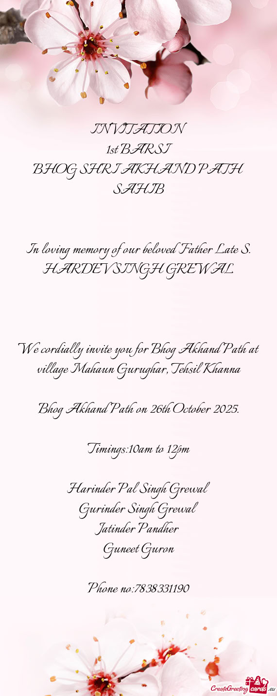 In loving memory of our beloved Father Late S. HARDEV SINGH GREWAL