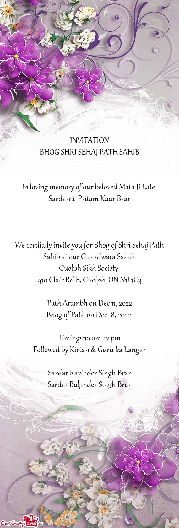 In loving memory of our beloved Mata Ji Late. Sardarni Pritam Kaur Brar