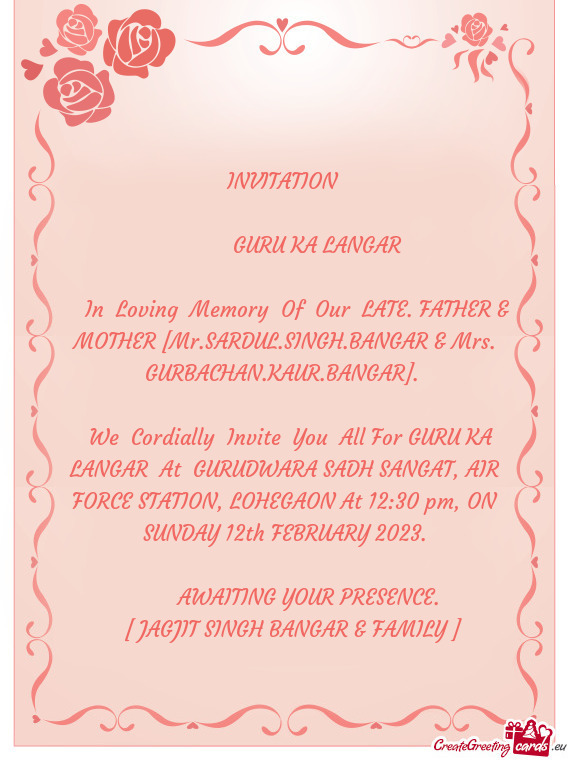 In Loving Memory Of Our LATE. FATHER & MOTHER [Mr.SARDUL.SINGH.BANGAR & Mrs. GURBACHAN.KAUR