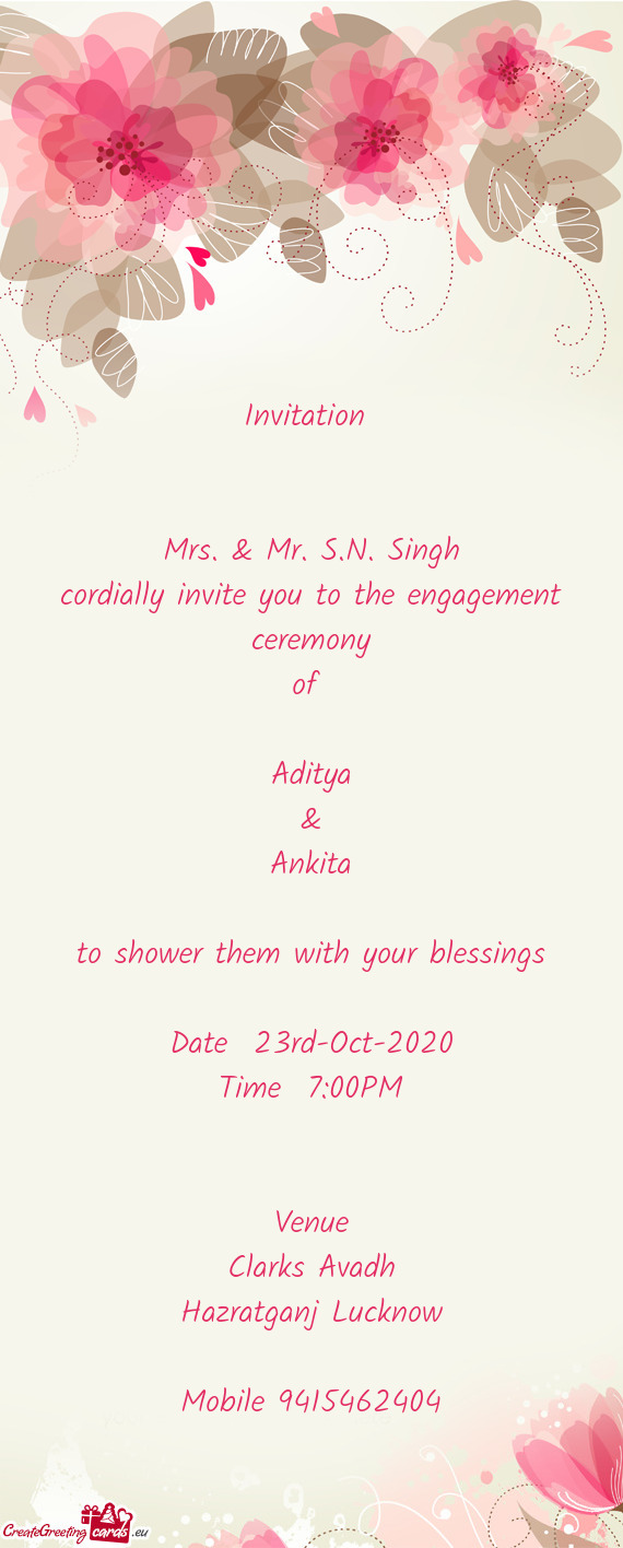 Invitation       Mrs. & Mr. S.N. Singh  cordially invite