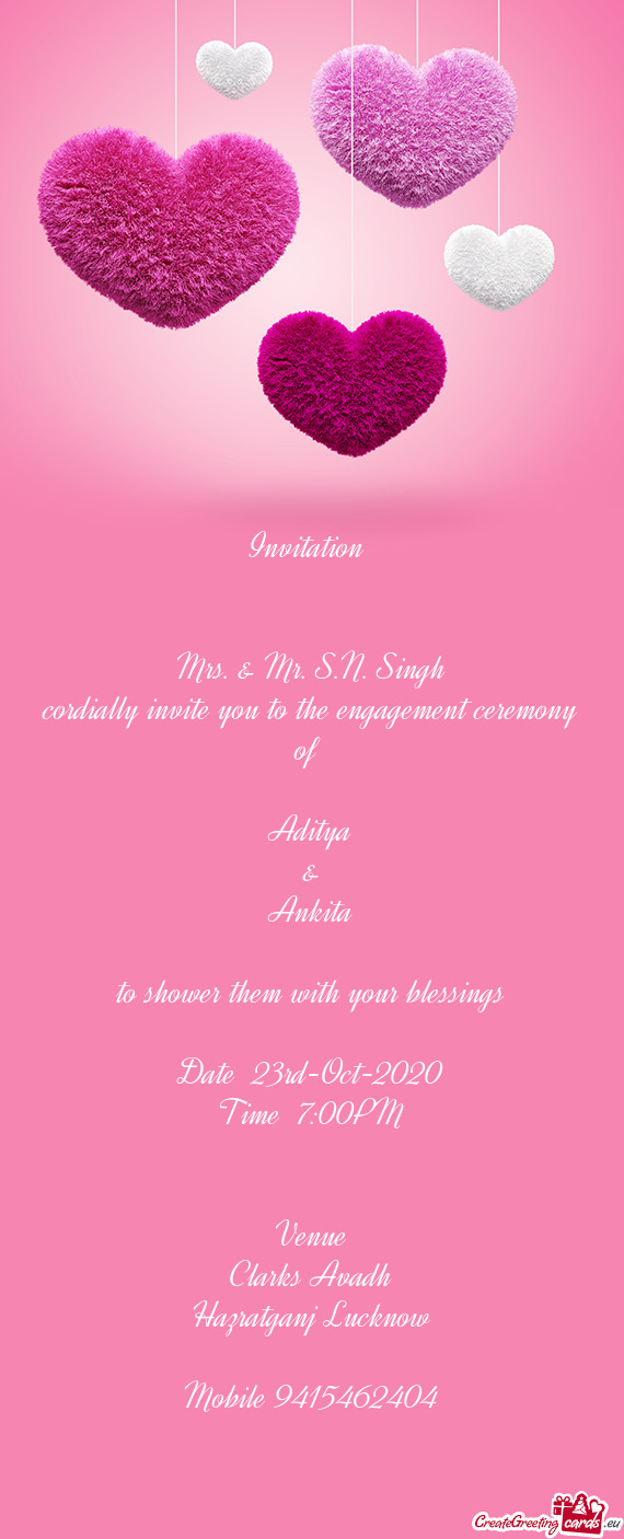 Invitation       Mrs. & Mr. S.N. Singh  cordially invite