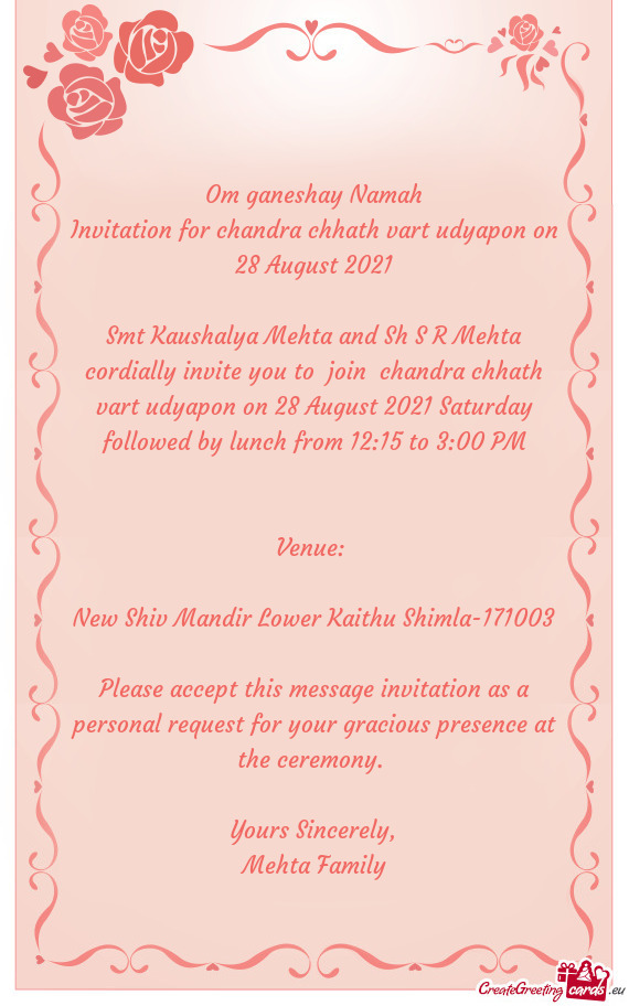 Invitation for chandra chhath vart udyapon on 28 August 2021