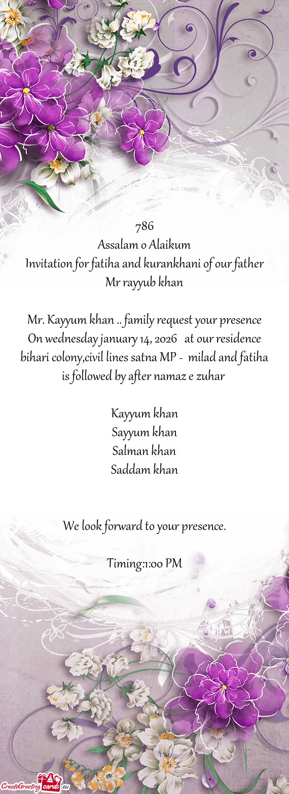 Invitation for fatiha and kurankhani of our father Mr rayyub khan