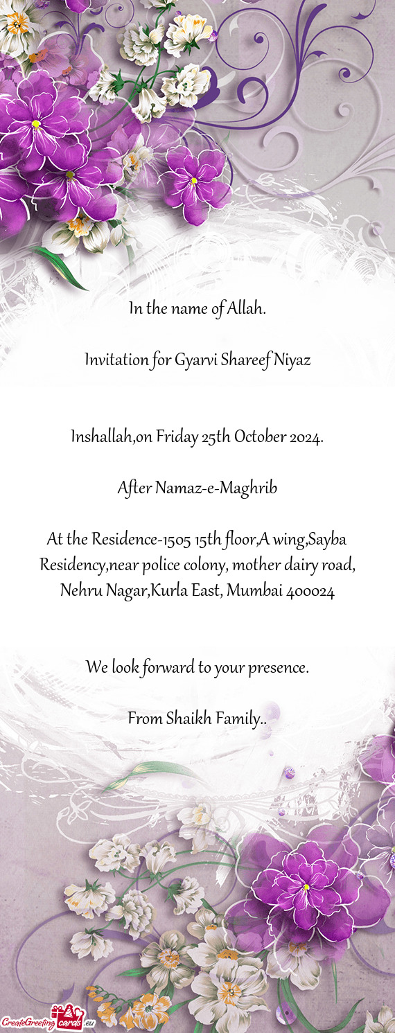 Invitation for Gyarvi Shareef Niyaz