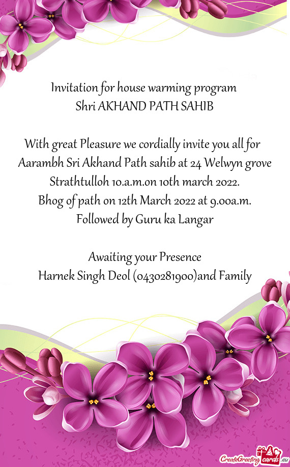 Invitation for house warming program