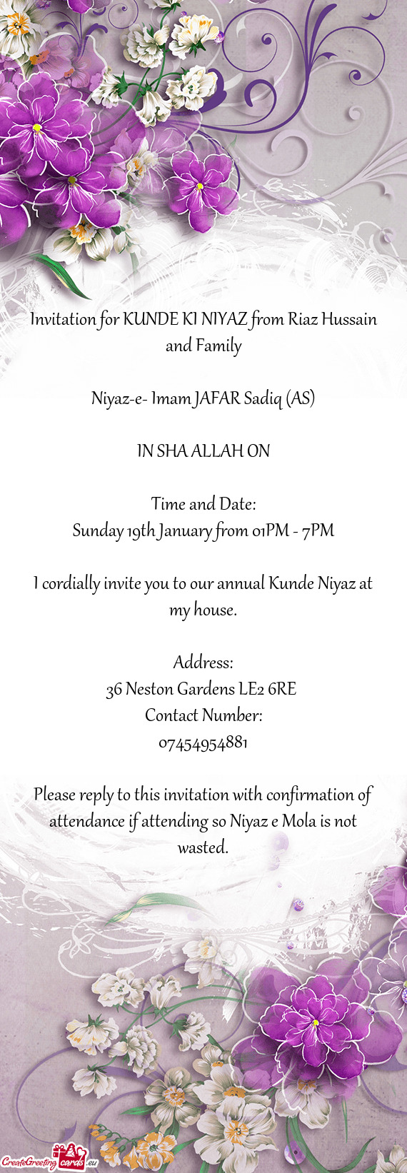 Invitation for KUNDE KI NIYAZ from Riaz Hussain and Family