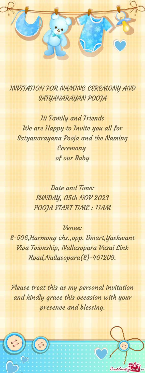 INVITATION FOR NAMING CEREMONY AND SATYANARAYAN POOJA