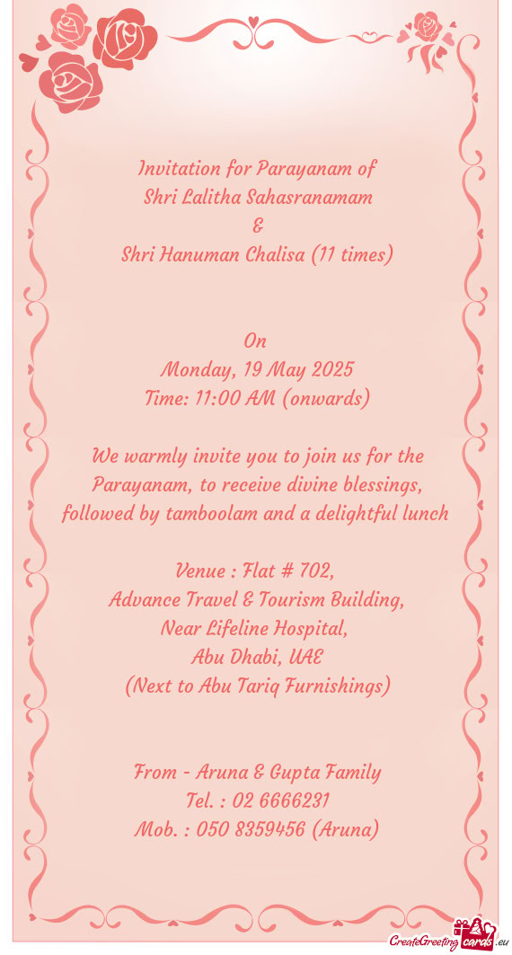 Invitation for Parayanam of