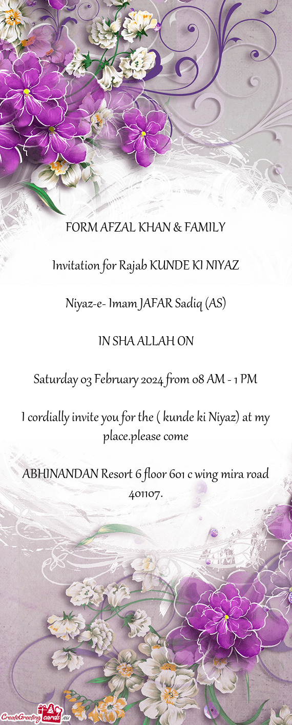 Invitation for Rajab KUNDE KI NIYAZ