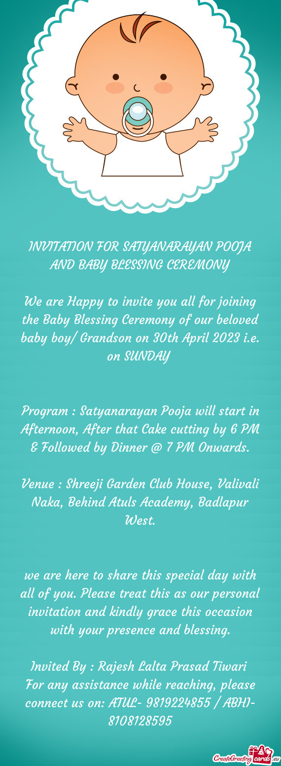 INVITATION FOR SATYANARAYAN POOJA