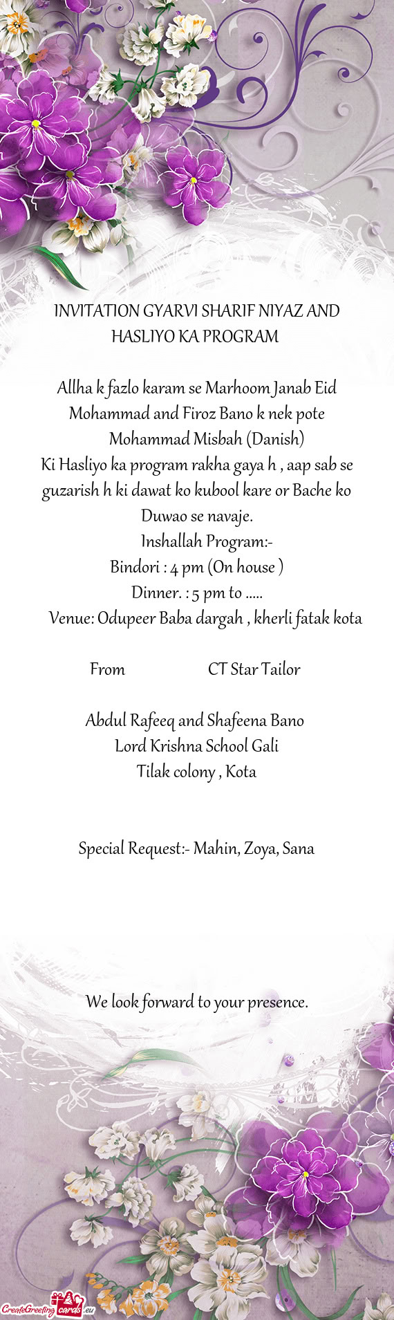 INVITATION GYARVI SHARIF NIYAZ AND HASLIYO KA PROGRAM