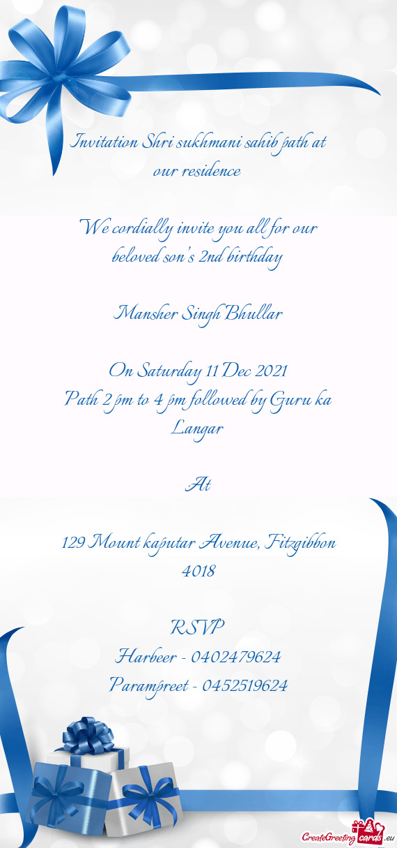 Invitation Shri sukhmani sahib path at our residence