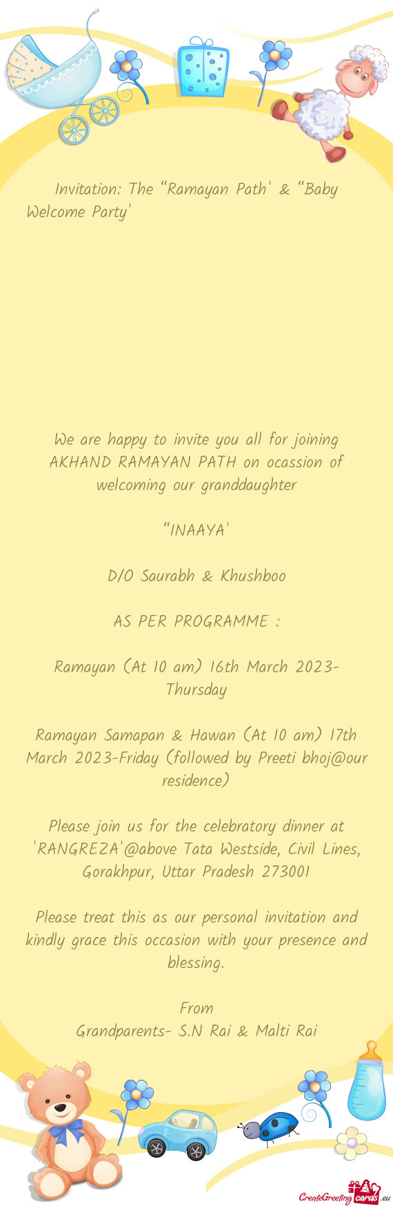 Invitation: The “Ramayan Path” & “Baby Welcome Party”