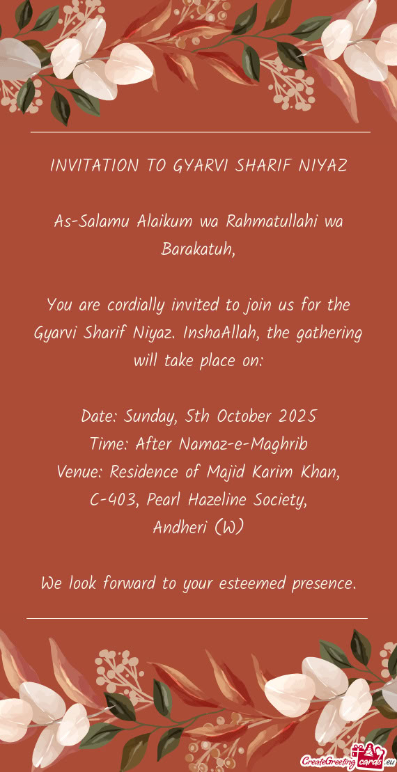 INVITATION TO GYARVI SHARIF NIYAZ