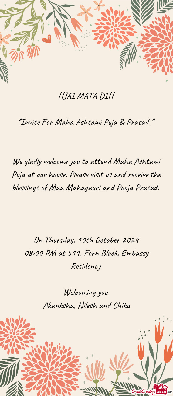 Invite For Maha Ashtami Puja & Prasad