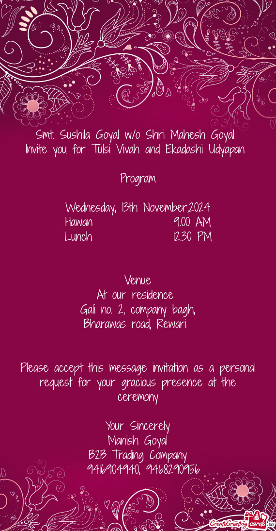 Invite you for Tulsi Vivah and Ekadashi Udyapan