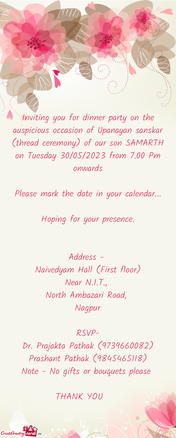 Inviting you for dinner party on the auspicious occasion of Upanayan sanskar (thread ceremony) of ou