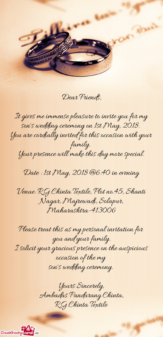 It gives me immense pleasure to invite you for my son