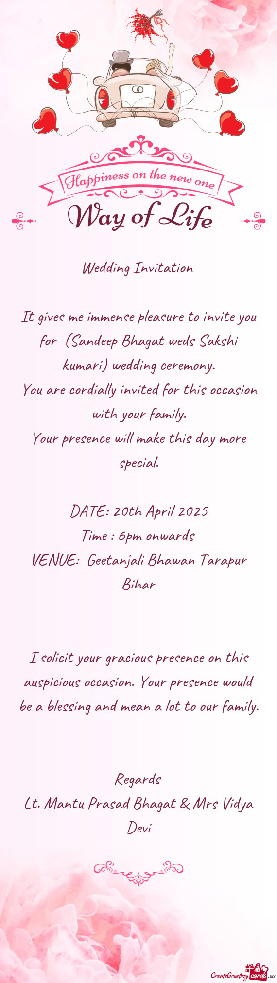 It gives me immense pleasure to invite you for (Sandeep Bhagat weds Sakshi kumari) wedding ceremony