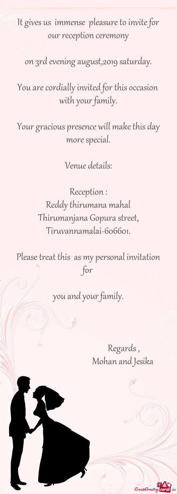 It gives us immense pleasure to invite for our reception ceremony