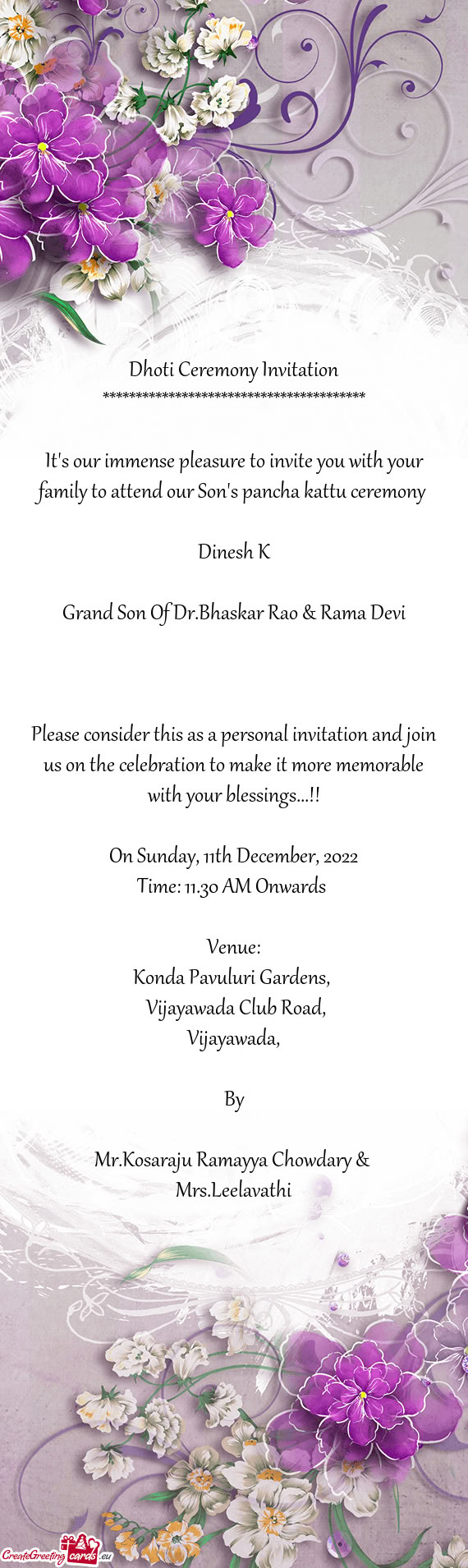 It's our immense pleasure to invite you with your family to attend our Son's pancha kattu ceremony