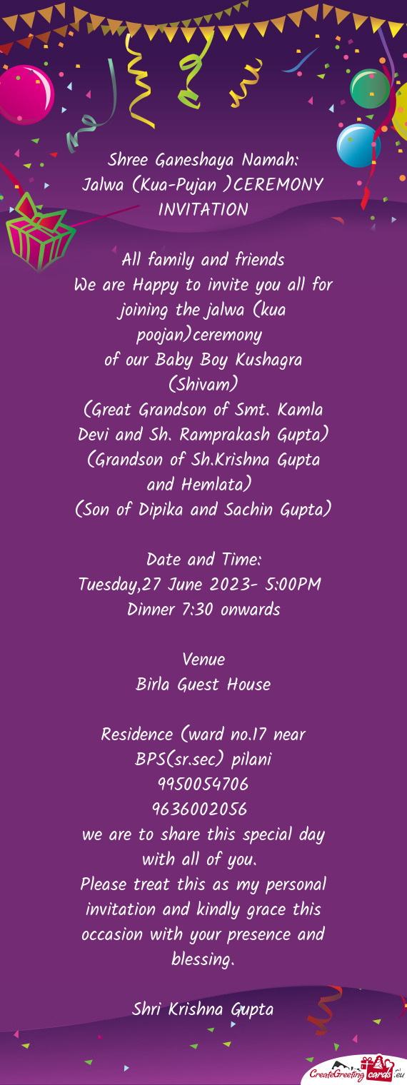 Jalwa (Kua-Pujan )CEREMONY INVITATION