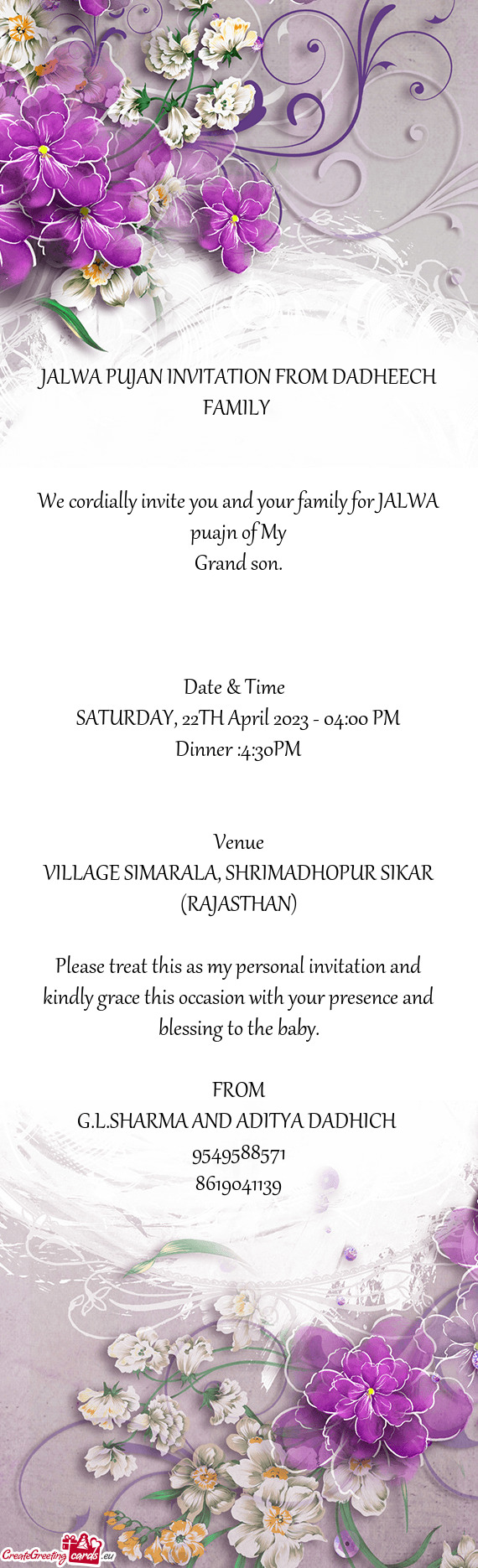 JALWA PUJAN INVITATION FROM DADHEECH FAMILY