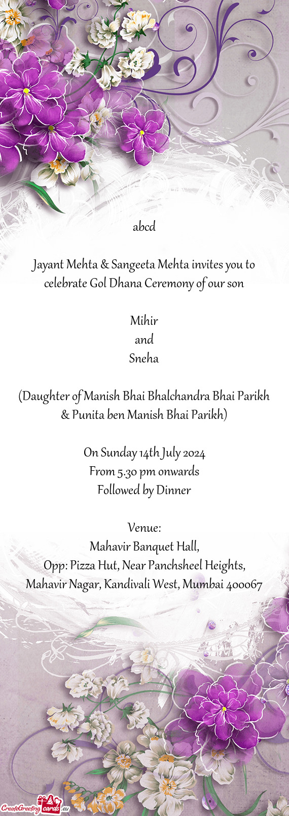 Jayant Mehta & Sangeeta Mehta invites you to celebrate Gol Dhana Ceremony of our son