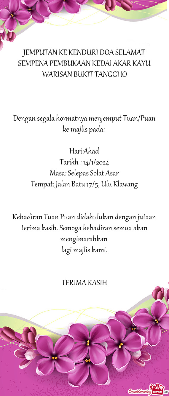 JEMPUTAN KE KENDURI DOA SELAMAT SEMPENA PEMBUKAAN KEDAI AKAR KAYU WARISAN BUKIT TANGGHO