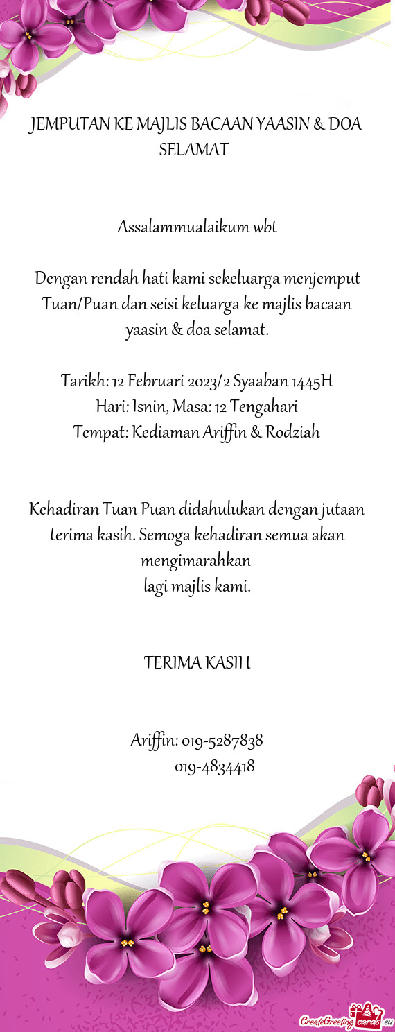 JEMPUTAN KE MAJLIS BACAAN YAASIN & DOA SELAMAT