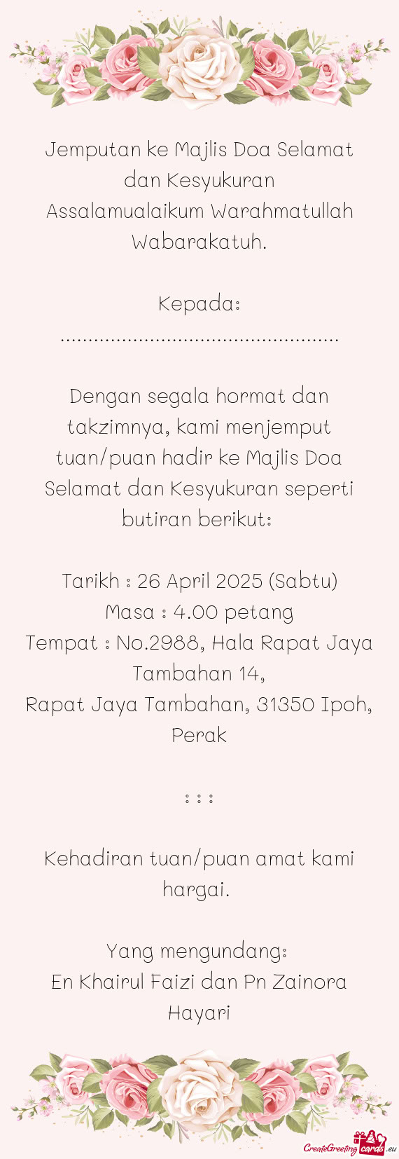 Jemputan ke Majlis Doa Selamat dan Kesyukuran