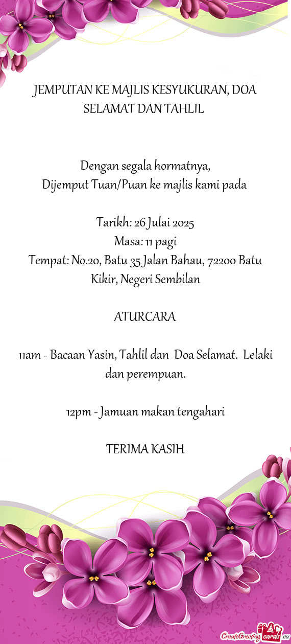 JEMPUTAN KE MAJLIS KESYUKURAN, DOA SELAMAT DAN TAHLIL