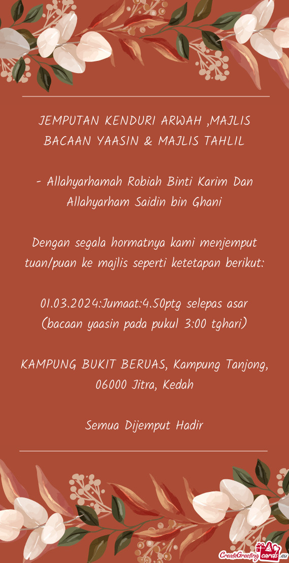 JEMPUTAN KENDURI ARWAH ,MAJLIS BACAAN YAASIN & MAJLIS TAHLIL