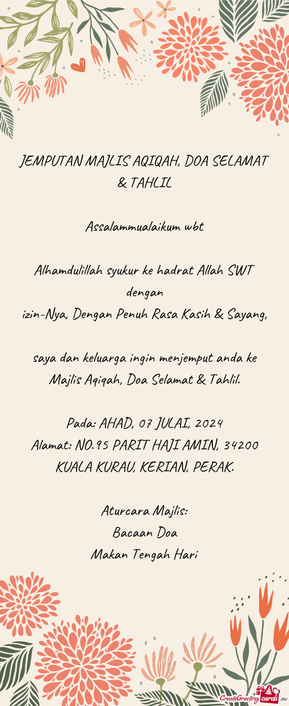 JEMPUTAN MAJLIS AQIQAH, DOA SELAMAT & TAHLIL