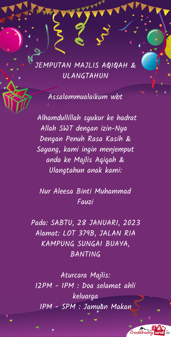 JEMPUTAN MAJLIS AQIQAH & ULANGTAHUN