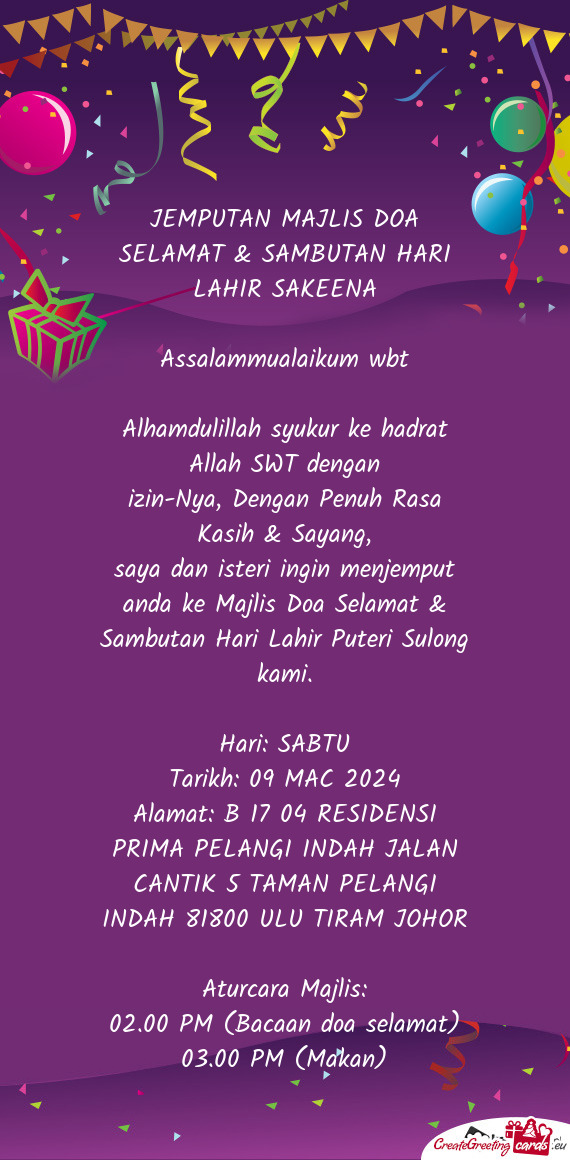 JEMPUTAN MAJLIS DOA SELAMAT & SAMBUTAN HARI LAHIR SAKEENA