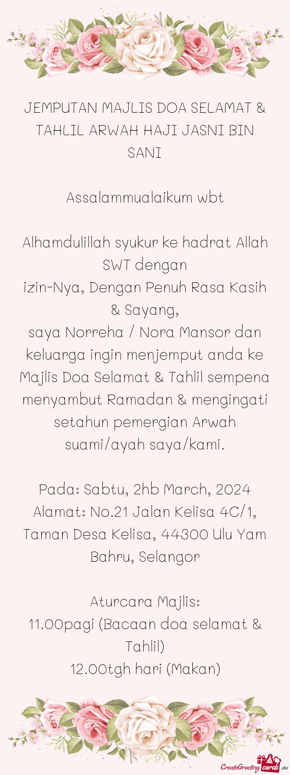 JEMPUTAN MAJLIS DOA SELAMAT & TAHLIL ARWAH HAJI JASNI BIN SANI