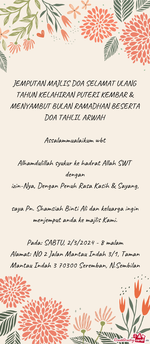 JEMPUTAN MAJLIS DOA SELAMAT ULANG TAHUN KELAHIRAN PUTERI KEMBAR & MENYAMBUT BULAN RAMADHAN BESERTA D