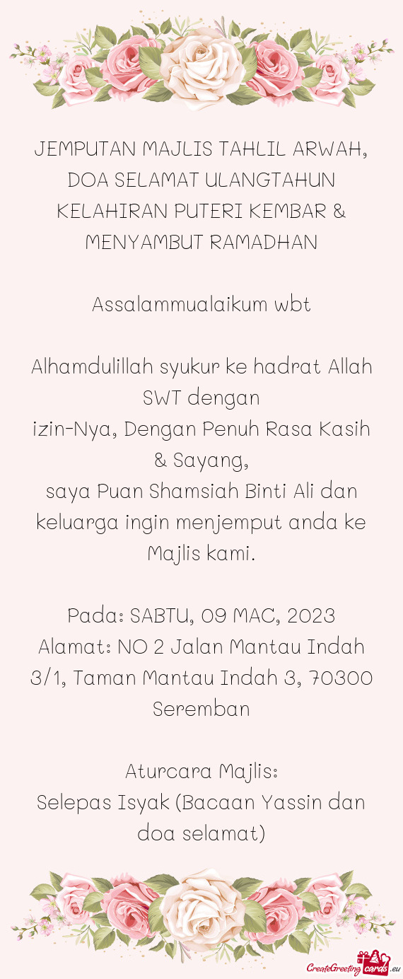 JEMPUTAN MAJLIS TAHLIL ARWAH, DOA SELAMAT ULANGTAHUN KELAHIRAN PUTERI KEMBAR & MENYAMBUT RAMADHAN