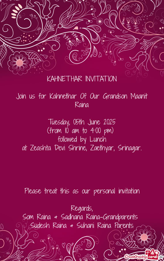 Join us for Kahnethar Of Our Grandson Maanit Raina