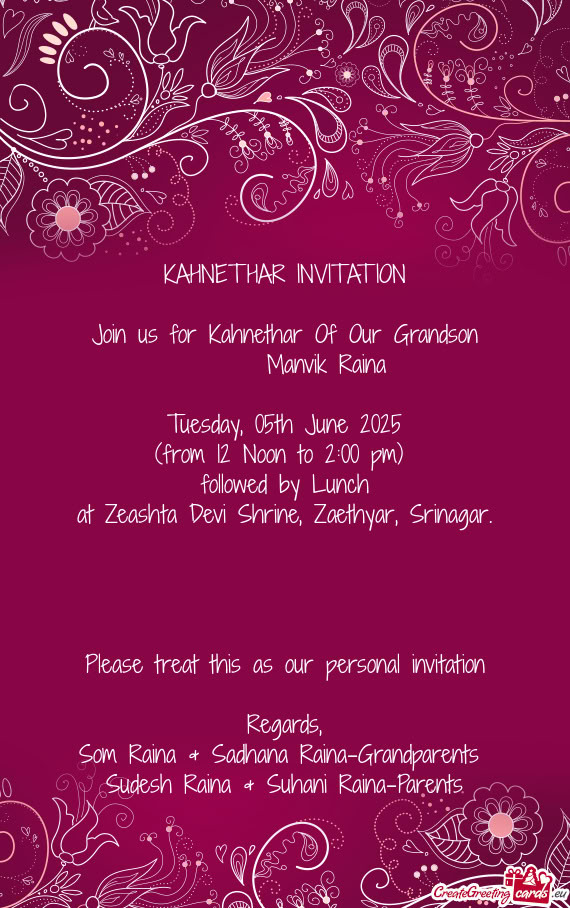 Join us for Kahnethar Of Our Grandson