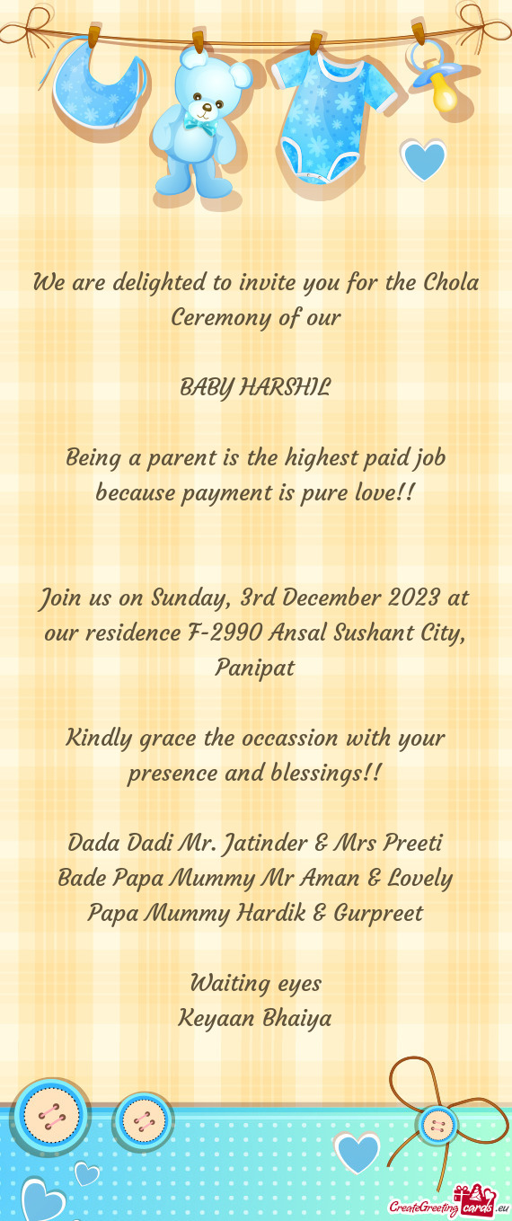 Join us on Sunday, 3rd December 2023 at our residence F-2990 Ansal Sushant City, Panipat