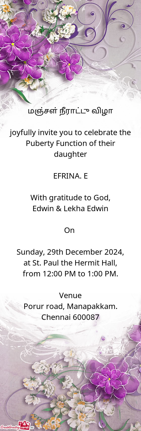 Joyfully invite you to celebrate the Puberty Function of their daughter