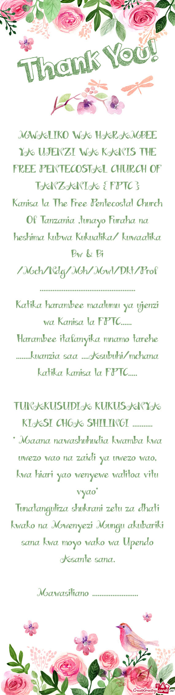 Kanisa la The Free Pentecostal Church Of Tanzania ,tunayo Furaha na heshima kubwa Kukualika/ kuwaali